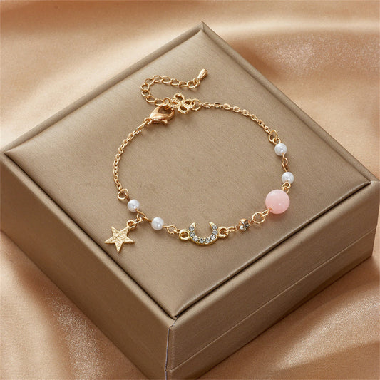 Гривна 'Япония Корея Звезден Месец' за жени и момичета в розов кристал и перлена верижка - елегантна бижутерия на едро за парти и подарък